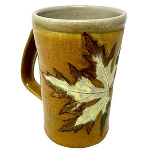 Signed Studio Pottery Wood Ash Mug w Leaf Berning Fall Brown Handmade Rustic